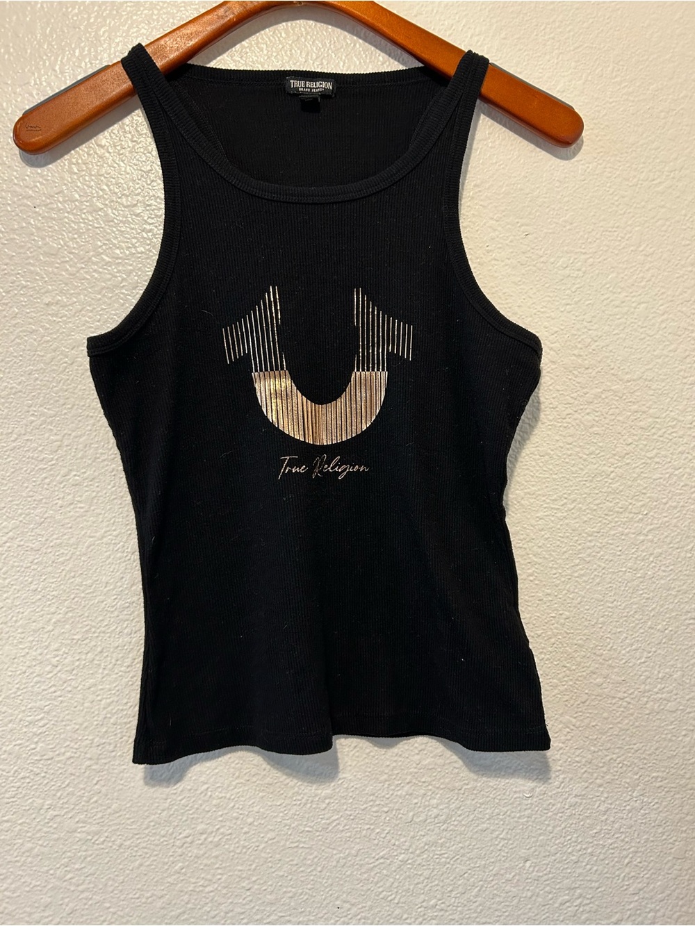 True Religion Black Ribbed Tank with Metallic Gold Logo
